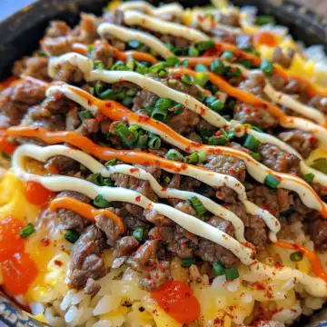 Cheesy Beefy Garlic Butter Rice Bowl taken with iphone 15 pro max --iw 2 --ar 4:5 --v 6.0 --raw