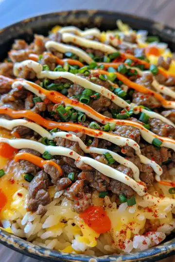Cheesy Beefy Garlic Butter Rice Bowl taken with iphone 15 pro max --iw 2 --ar 4:5 --v 6.0 --raw