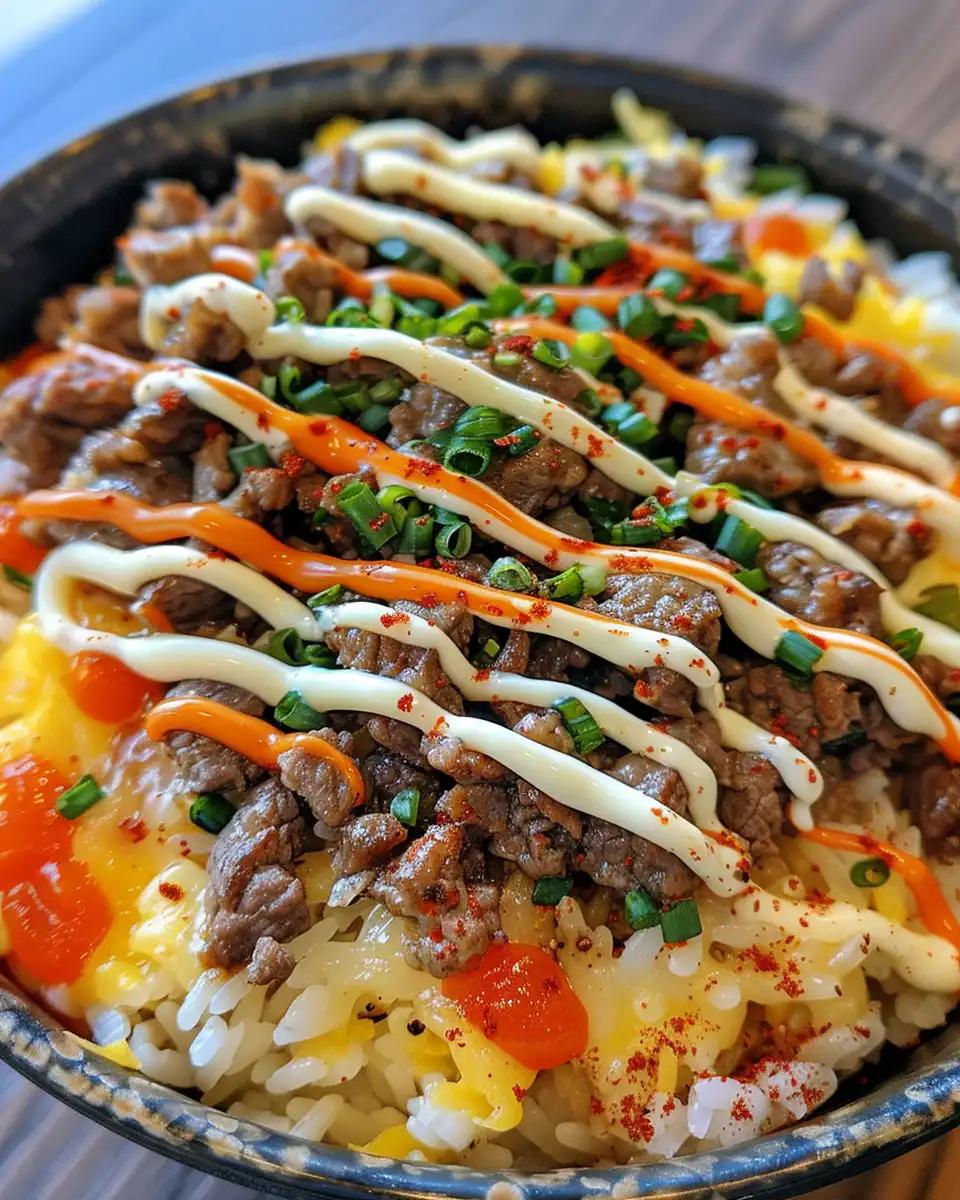 Cheesy beef and garlic butter rice bowl steaming hot in a bowl