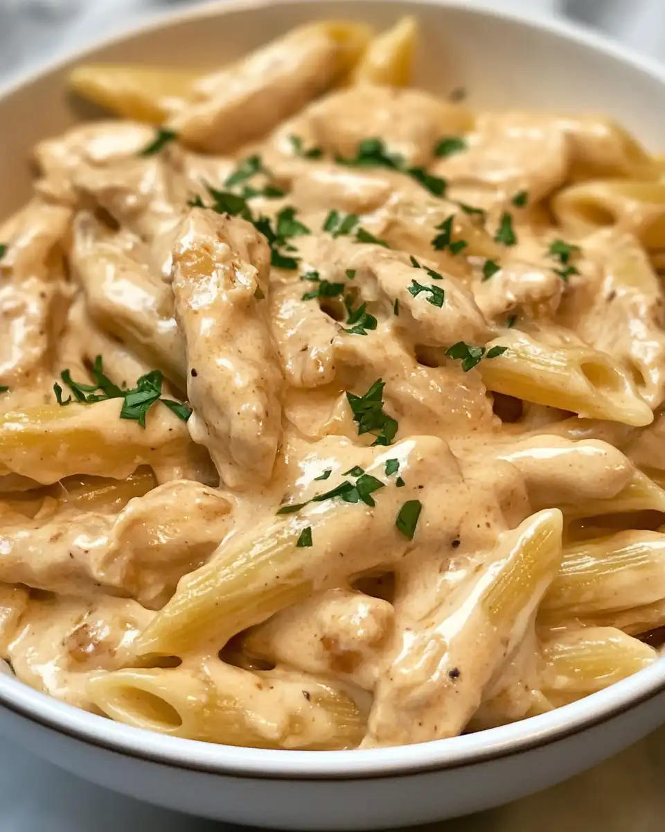 Steaming cheesy chicken pasta in a pot