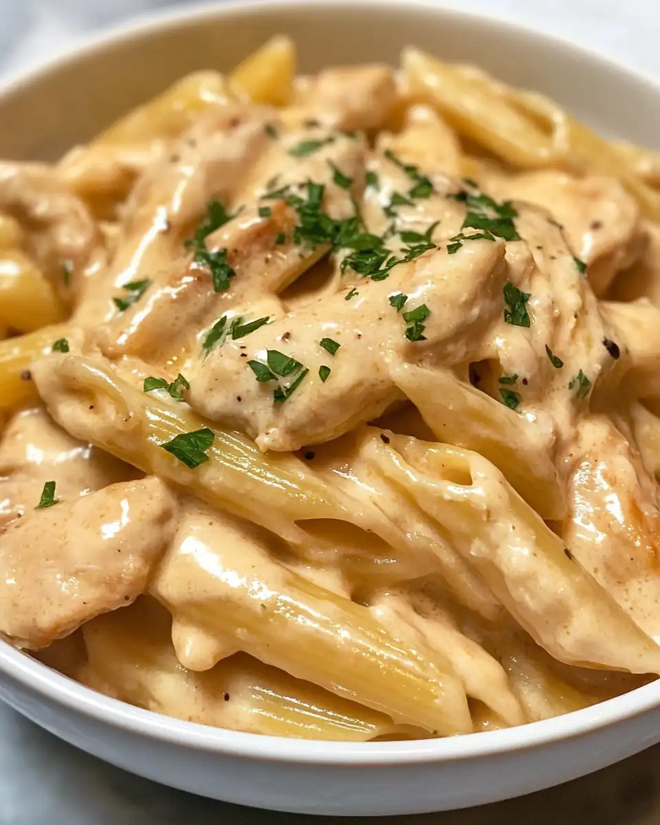 Final cheesy chicken pasta dish served on a plate