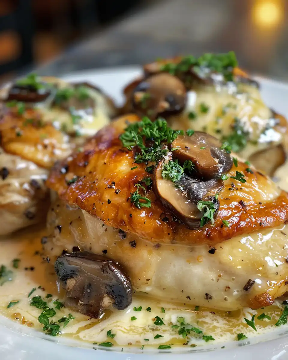Finished mushroom stuffed chicken plated with melted cheese