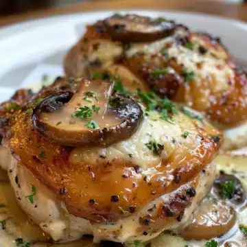 Cheesy Garlic Butter Mushroom Stuffed Chicken taken with iphone 15 pro max --iw 2 --ar 4:5 --v 6.0 --raw