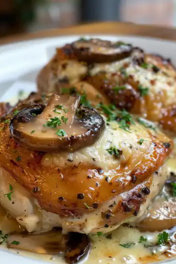 Cheesy Garlic Butter Mushroom Stuffed Chicken taken with iphone 15 pro max --iw 2 --ar 4:5 --v 6.0 --raw