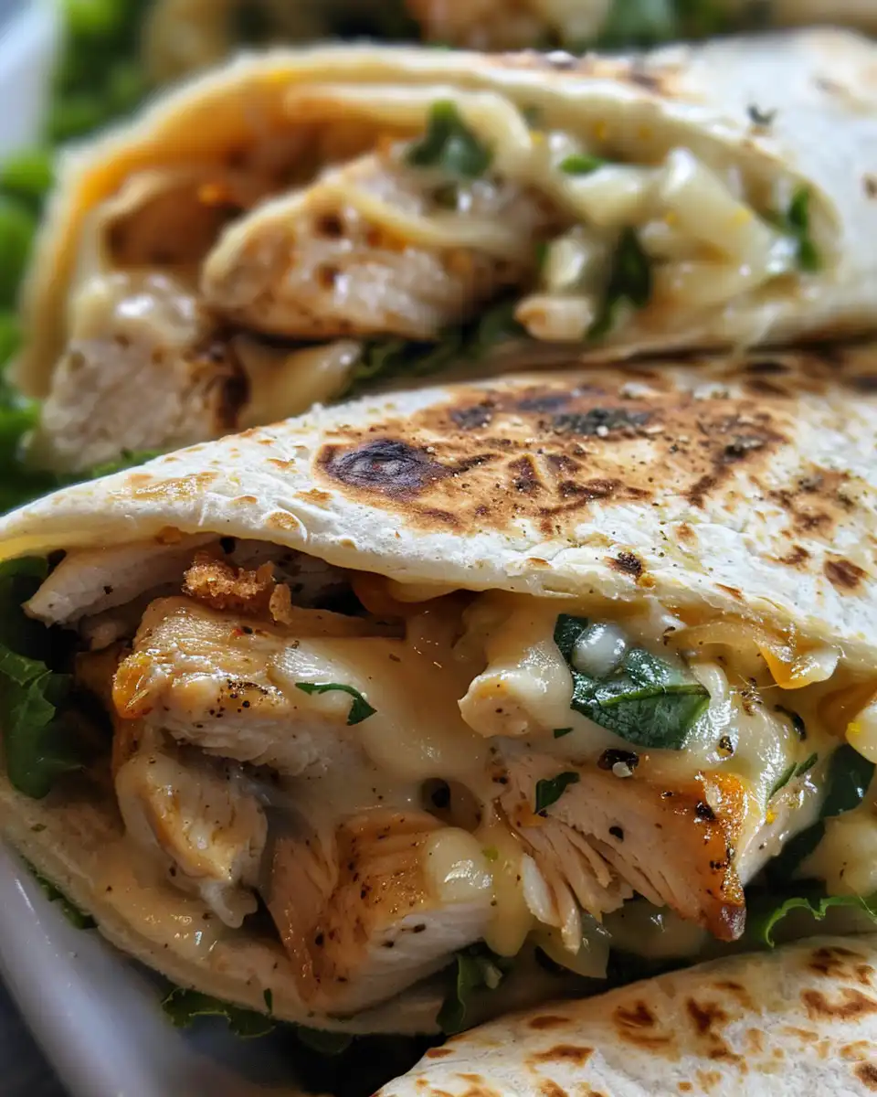 Close-up of cheesy garlic chicken wraps in the kitchen