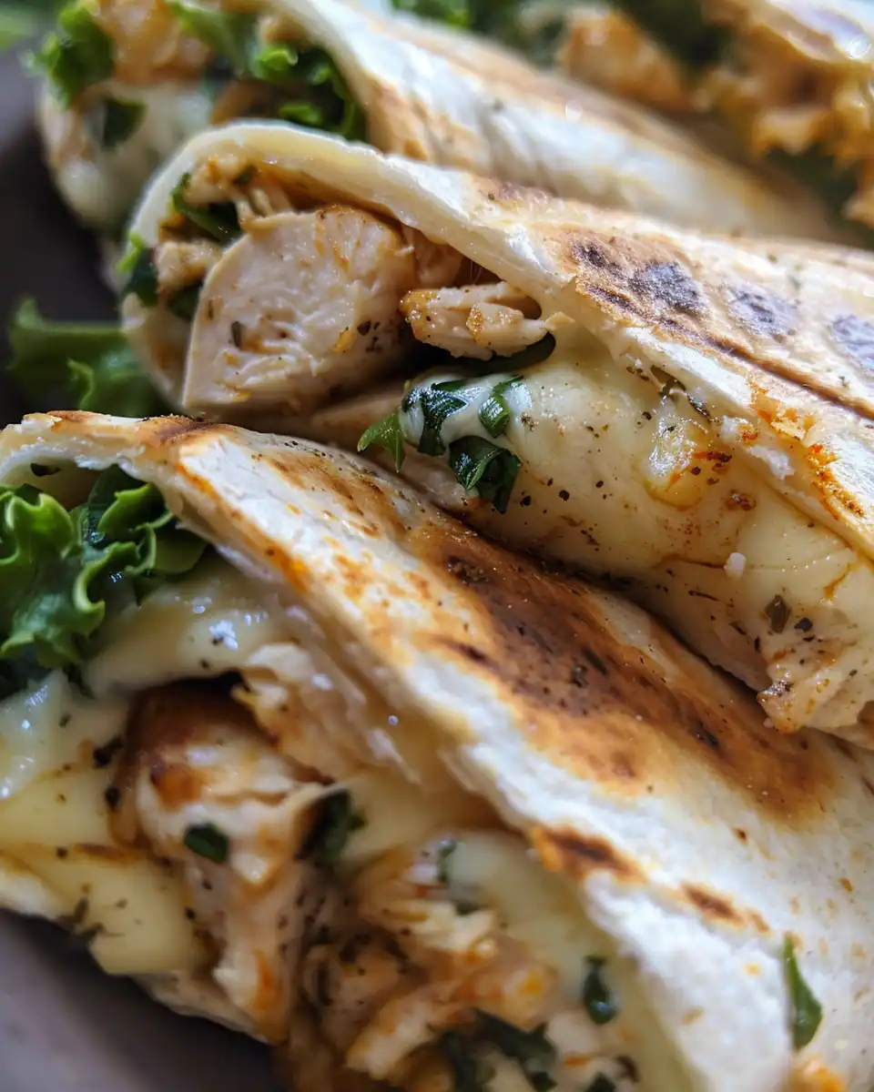 Served cheesy garlic chicken wraps sliced on plate