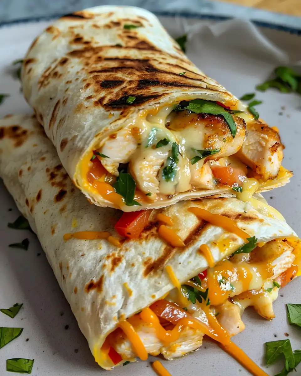 Finished cheesy garlic chicken wraps served on a plate