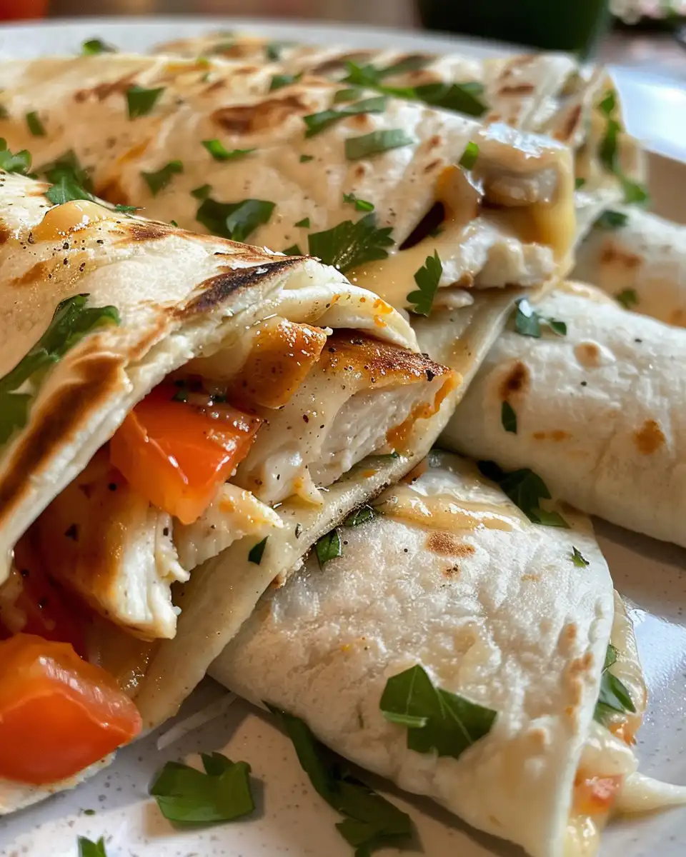 Close-up of cheesy garlic chicken wraps just cooked and ready