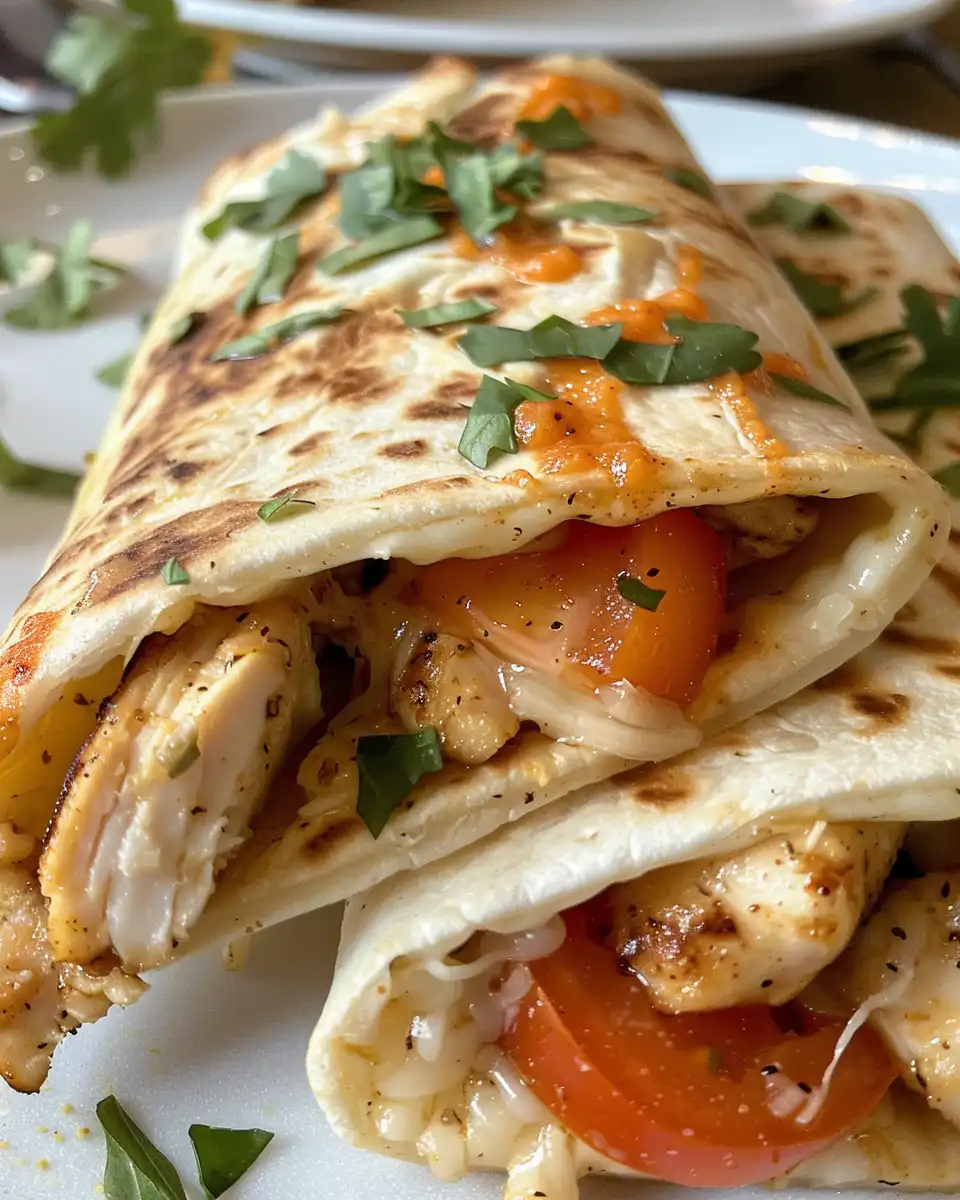 Preparation steps showing seasoned chicken and rolled wraps before baking