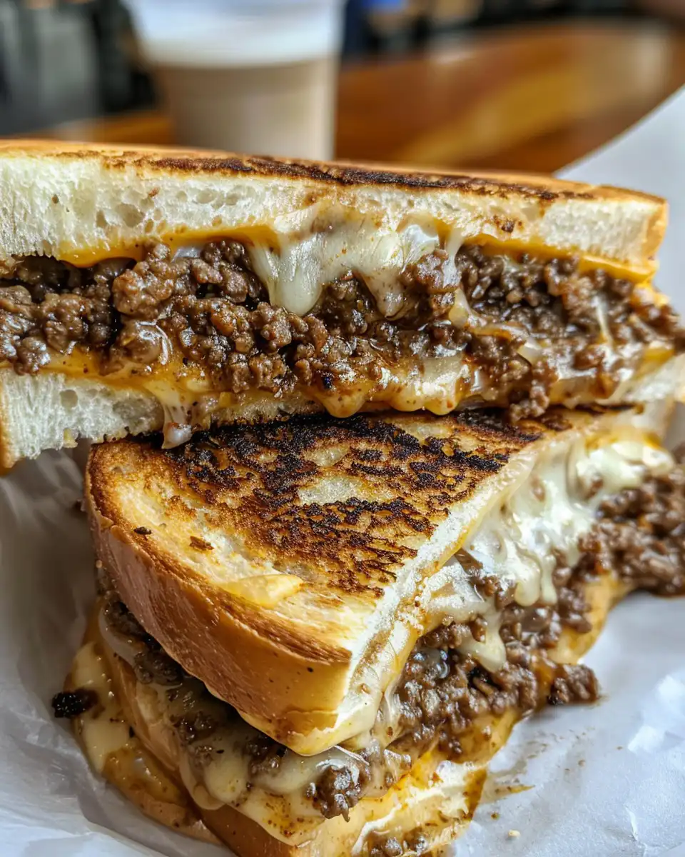 Served cheesy ground beef patty melt sandwich on a plate