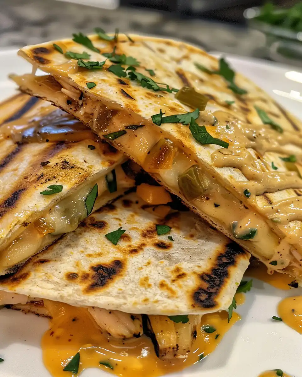 Final served hot honey chicken quesadilla with cilantro garnish