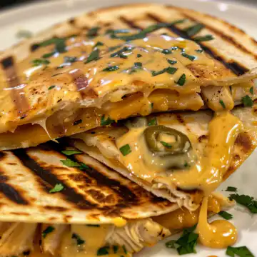 Cheesy Hot Honey Chicken Quesadillas with Spicy Jalapeno Cream Sauce taken with iphone 15 pro max --iw 2 --ar 4:5 --v 6.0 --raw