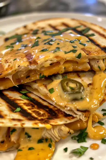 Cheesy Hot Honey Chicken Quesadillas with Spicy Jalapeno Cream Sauce taken with iphone 15 pro max --iw 2 --ar 4:5 --v 6.0 --raw