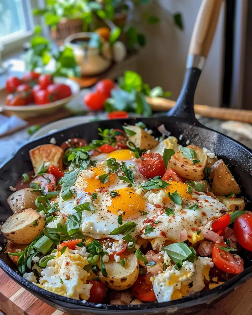Ingredients for cheesy potato egg scramble on kitchen counter
