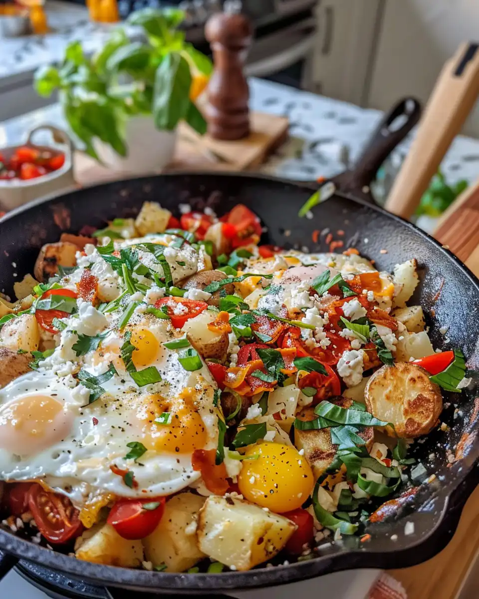 Finished cheesy potato egg scramble with melted cheddar and chives