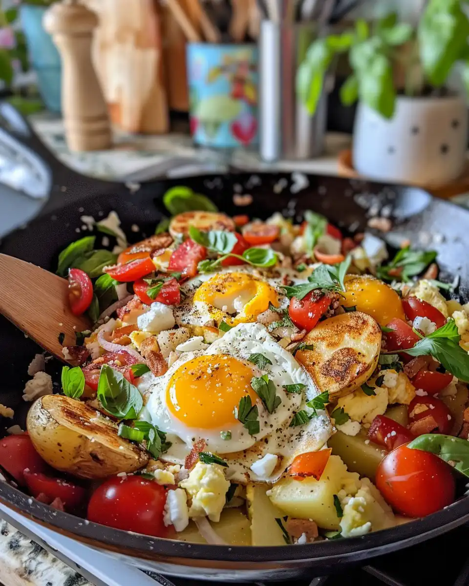 Close-up of cheesy potato egg scramble in pressure cooker