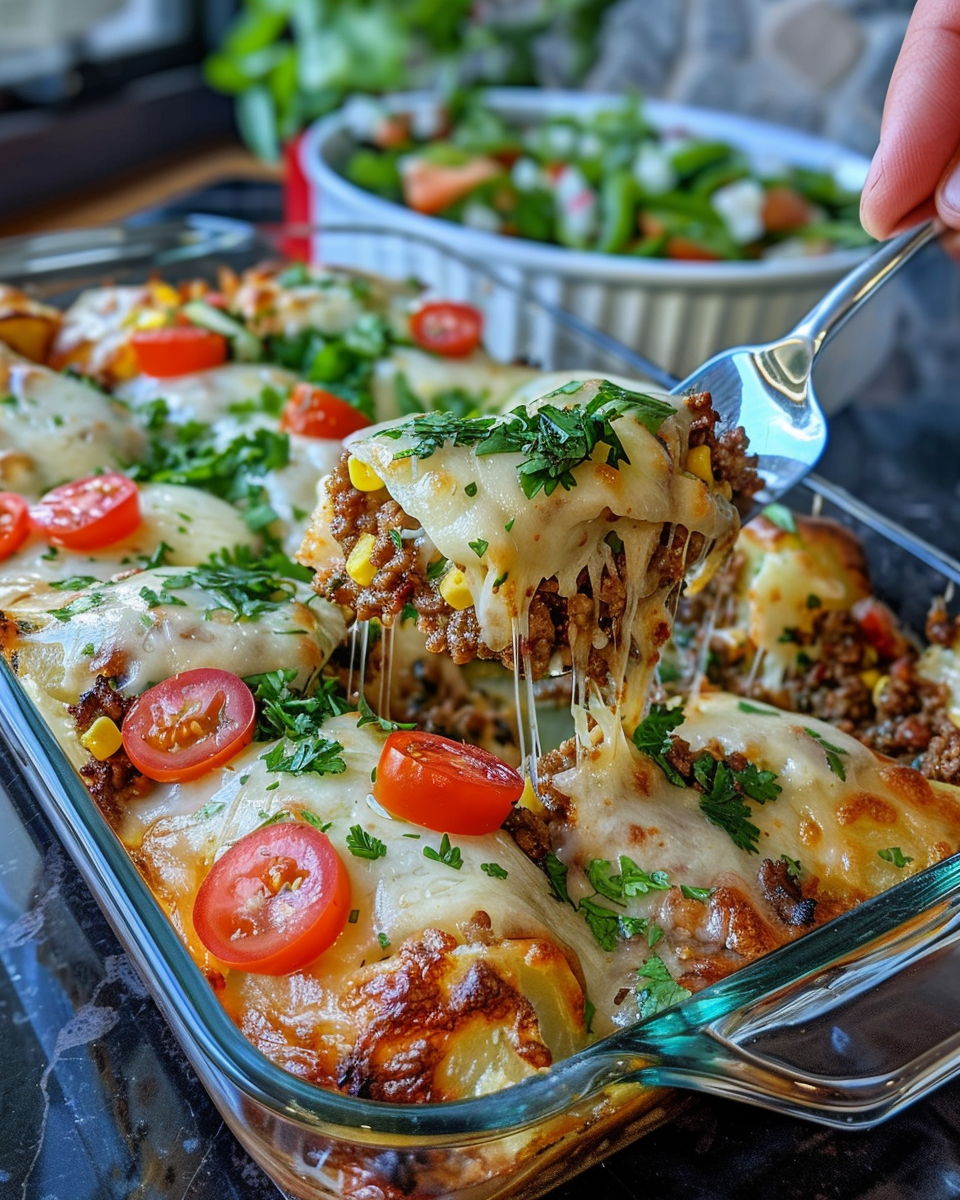 Ingredients for cheesy taco potatoes with ground beef including onions and cheese
