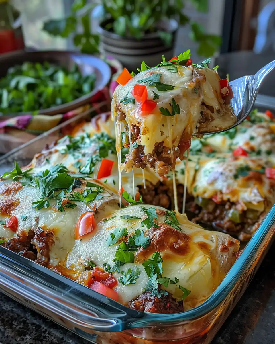 Baked cheesy taco potatoes served fresh in bowl