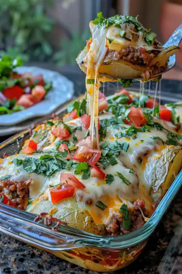 Cheesy Taco Potatoes Bake with Ground Beef taken with iphone 15 pro max --iw 2 --ar 4:5 --v 6.0 --raw