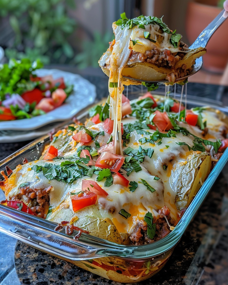 Close up of cheesy taco potatoes baking with ground beef in pressure cooker