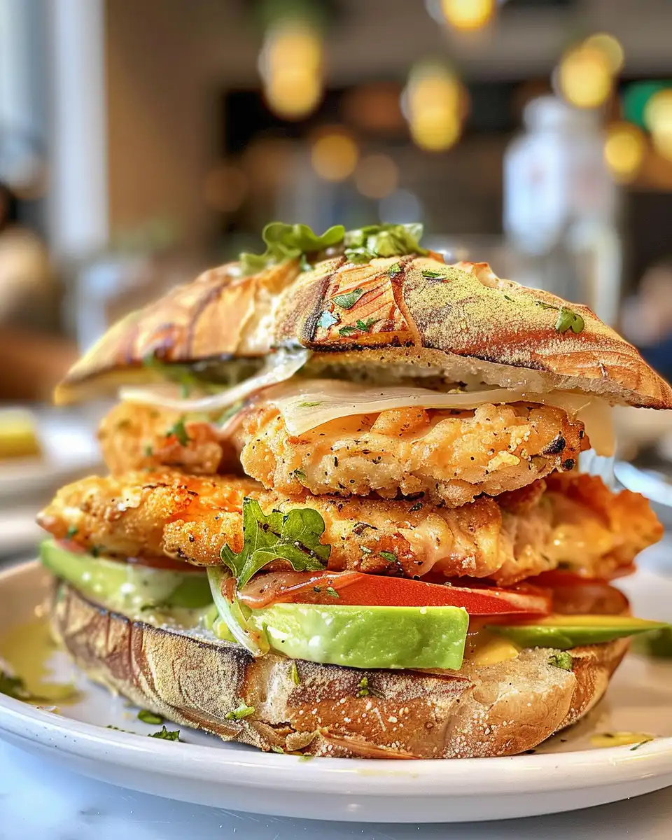 Final chipotle chicken avocado melt sandwich served on a plate