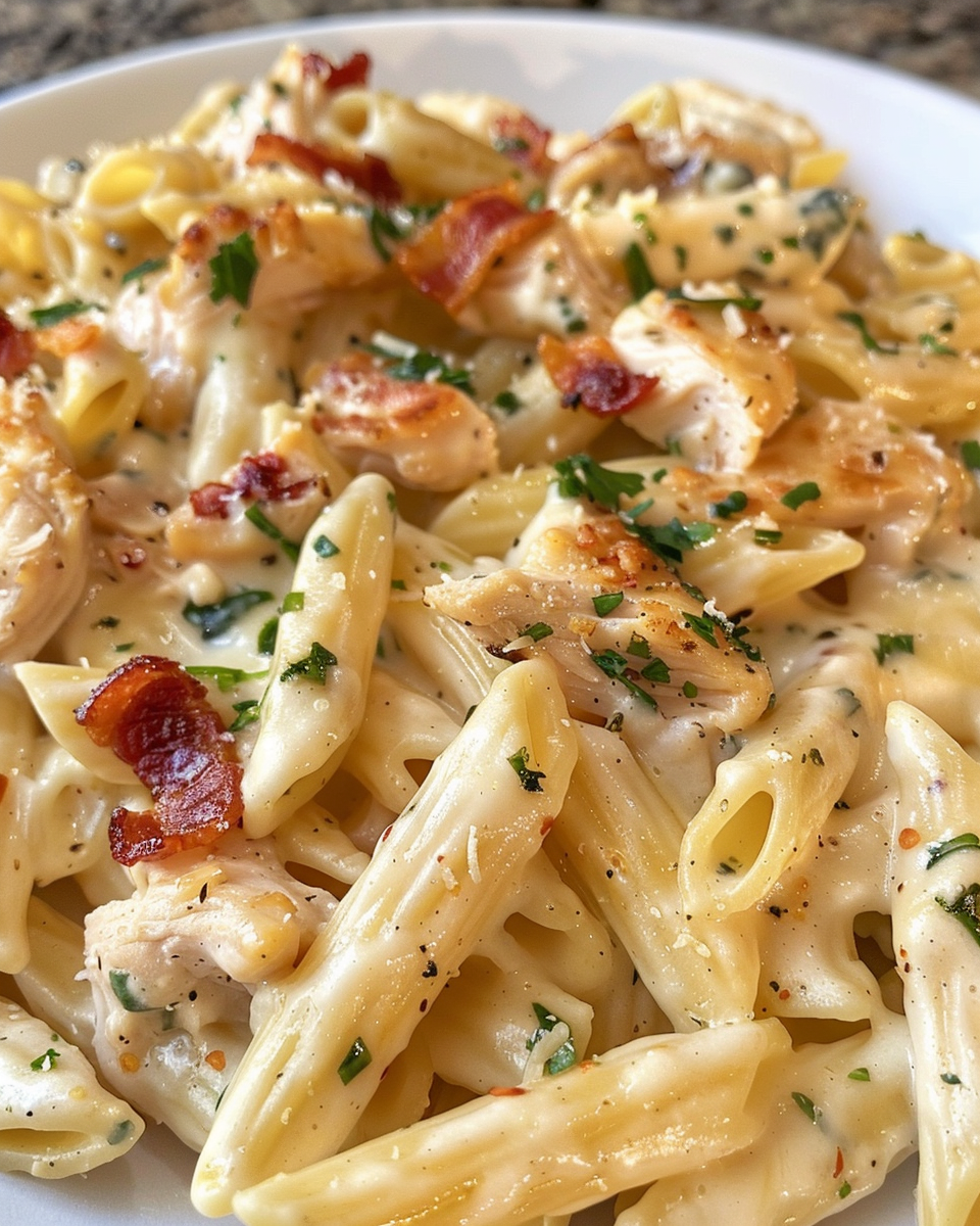 Ingredients for chicken bacon ranch pasta: bacon, chicken, cheese, frozen peas, seasonings