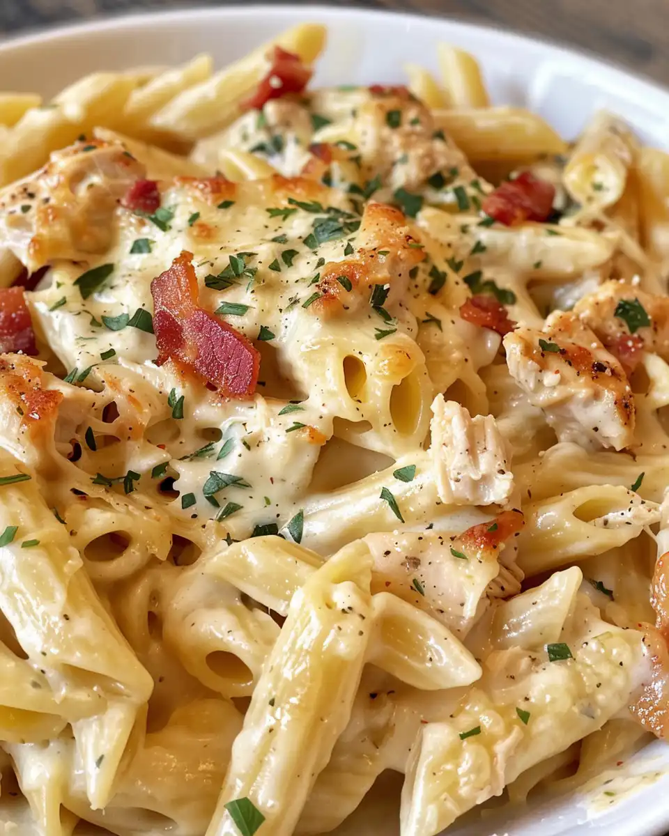 Served chicken bacon ranch pasta with melted cheese and peas on plate