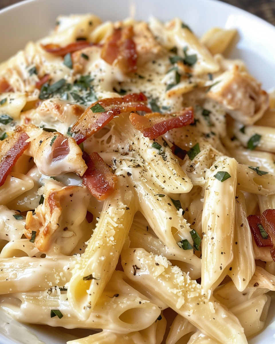 Pressure cooker cooking chicken bacon ranch pasta with steam rising