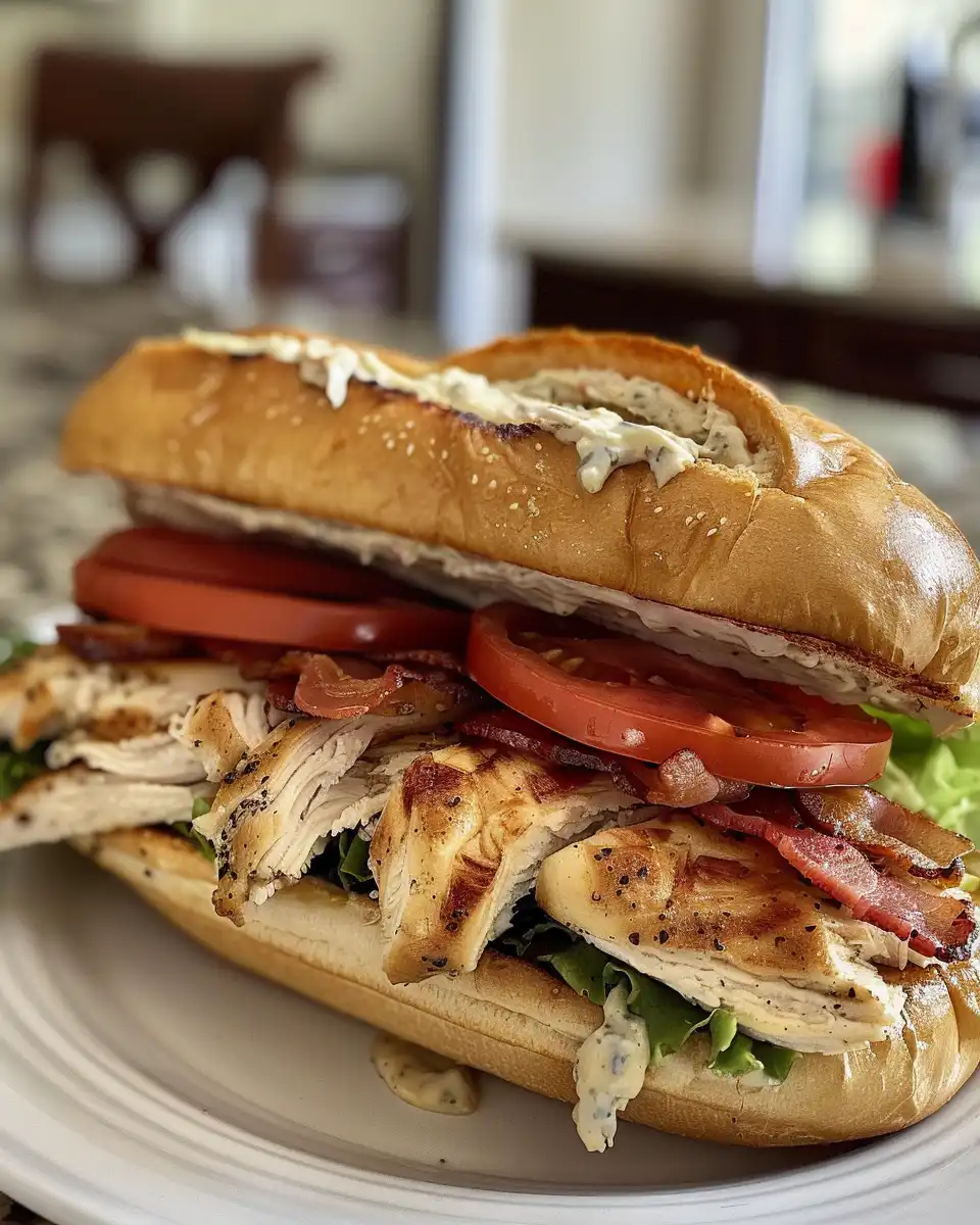 Assembled chicken bacon ranch sandwich with layers of chicken, bacon, cheddar, ranch, and lettuce