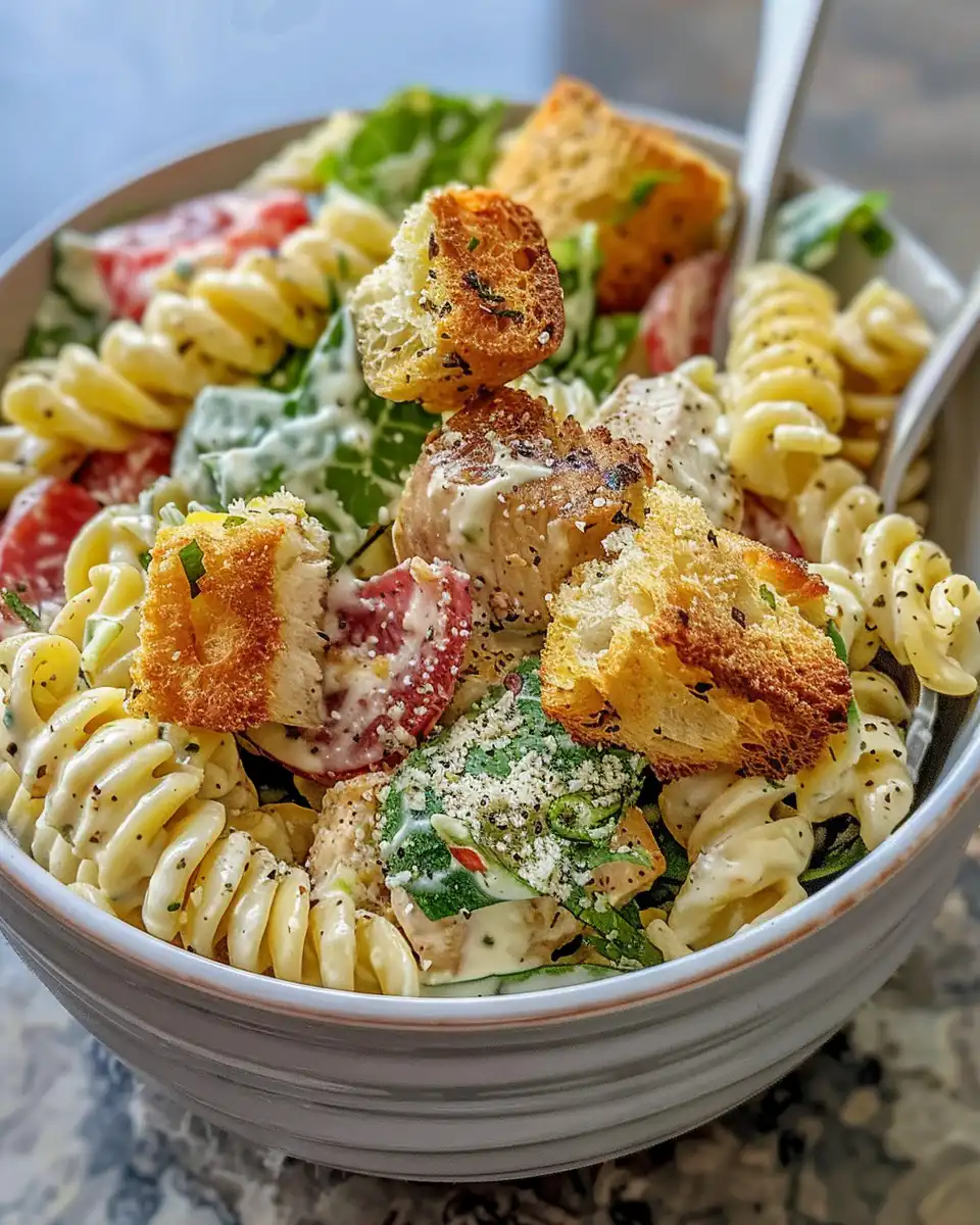 Finished chicken Caesar pasta salad plated and ready to eat