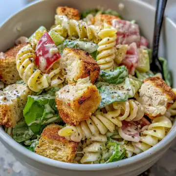 Chicken Caesar Pasta Salad taken with iphone 15 pro max --iw 2 --ar 4:5 --v 6.0 --raw