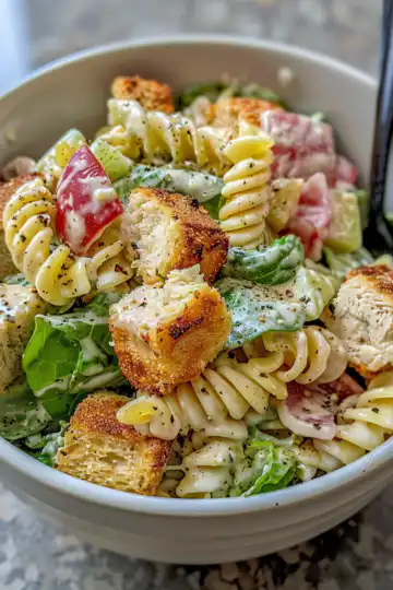 Chicken Caesar Pasta Salad taken with iphone 15 pro max --iw 2 --ar 4:5 --v 6.0 --raw