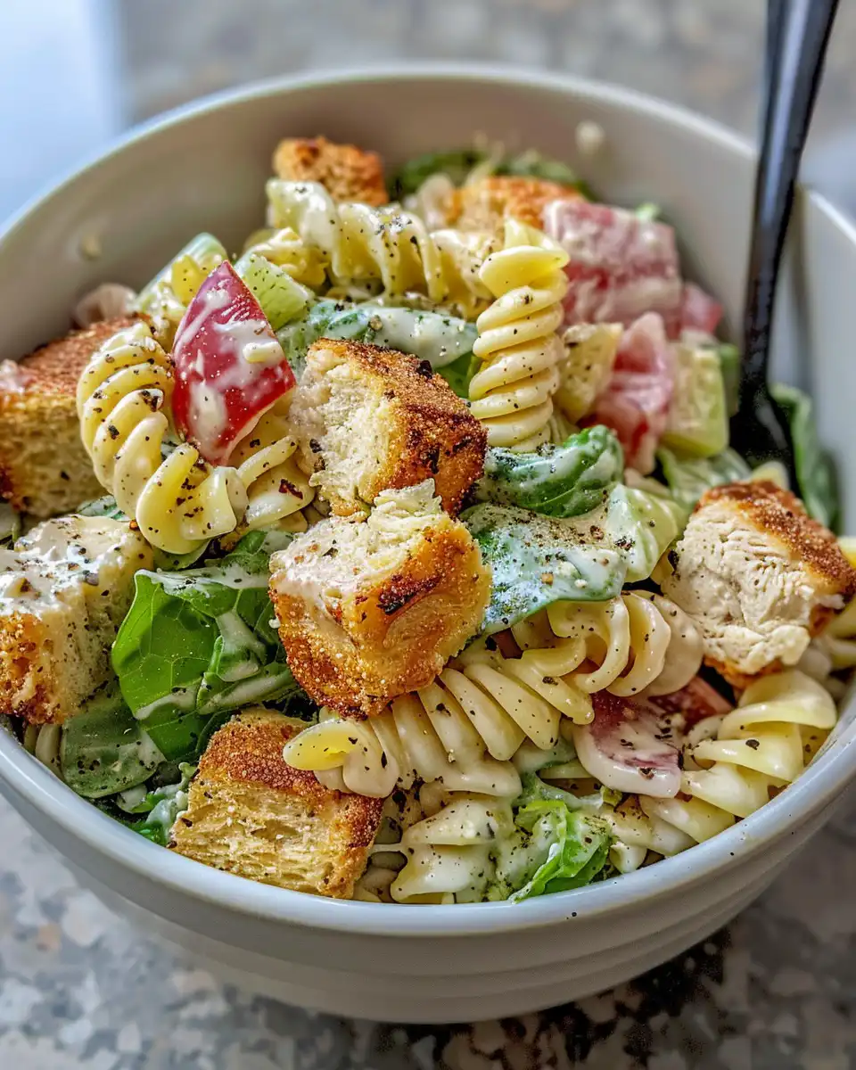 Pressure cooker chicken Caesar pasta salad served in a bowl with fresh Romaine lettuce