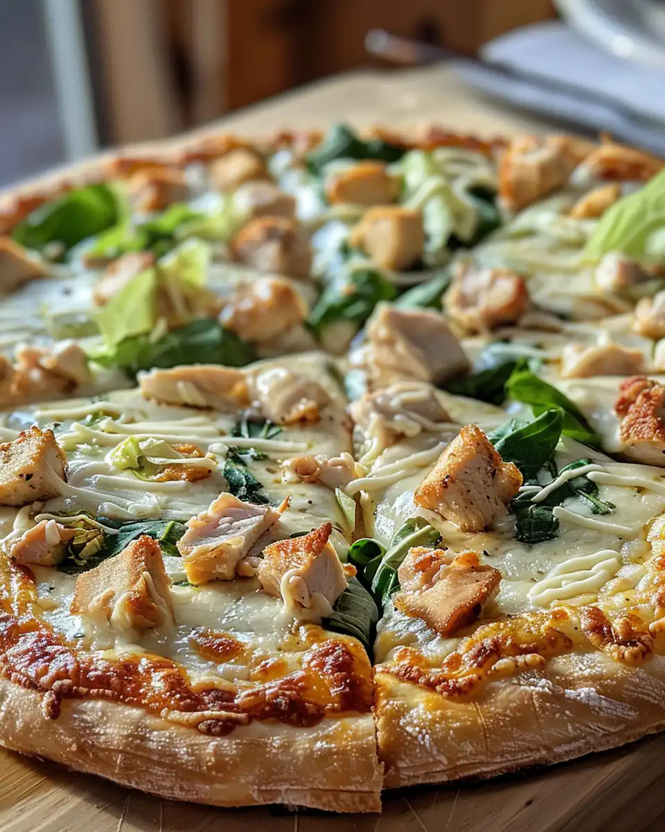Ingredients for chicken Caesar salad pizza including dough, cheese, chicken, and romaine