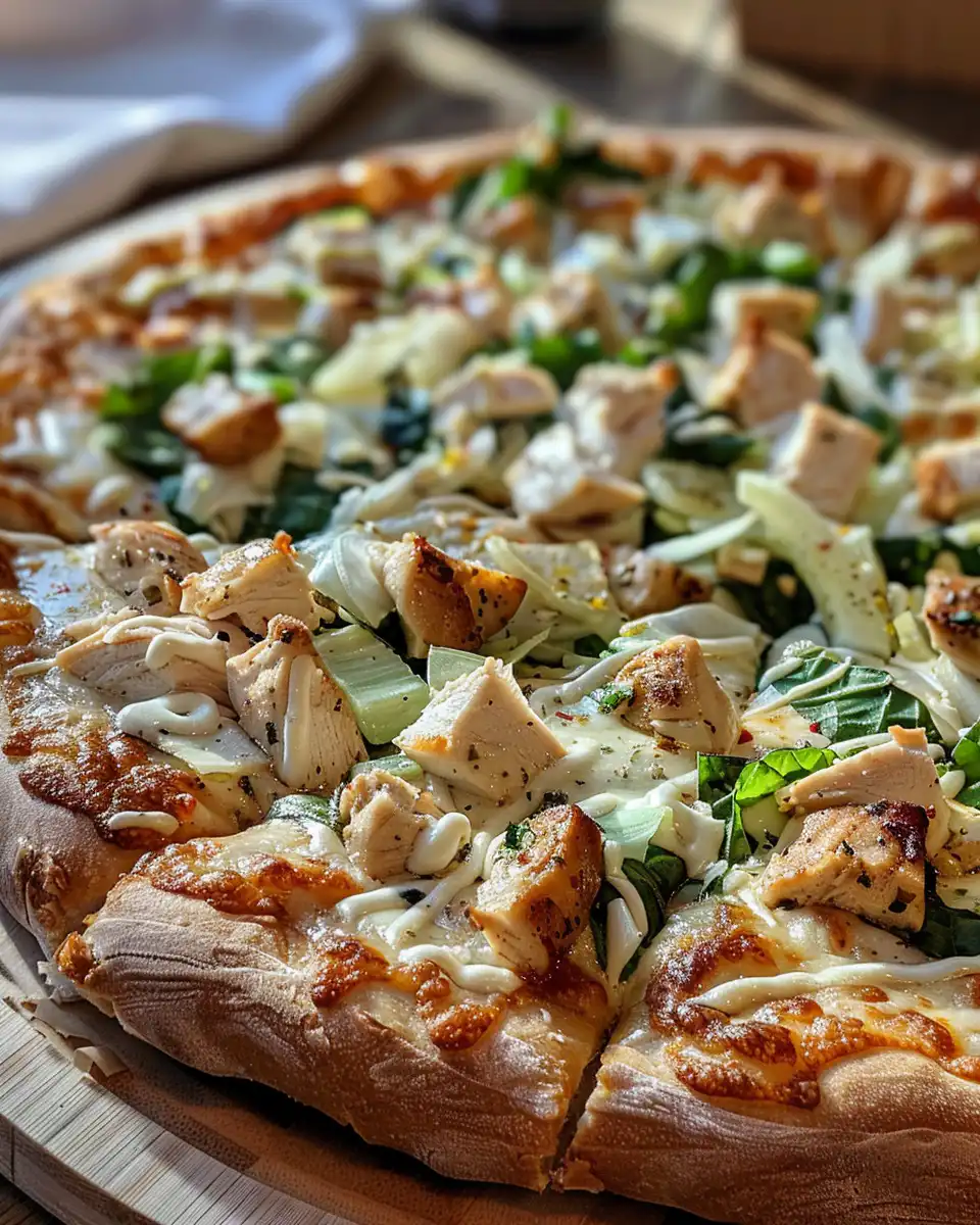 Slice of chicken Caesar salad pizza topped with fresh romaine and dressing