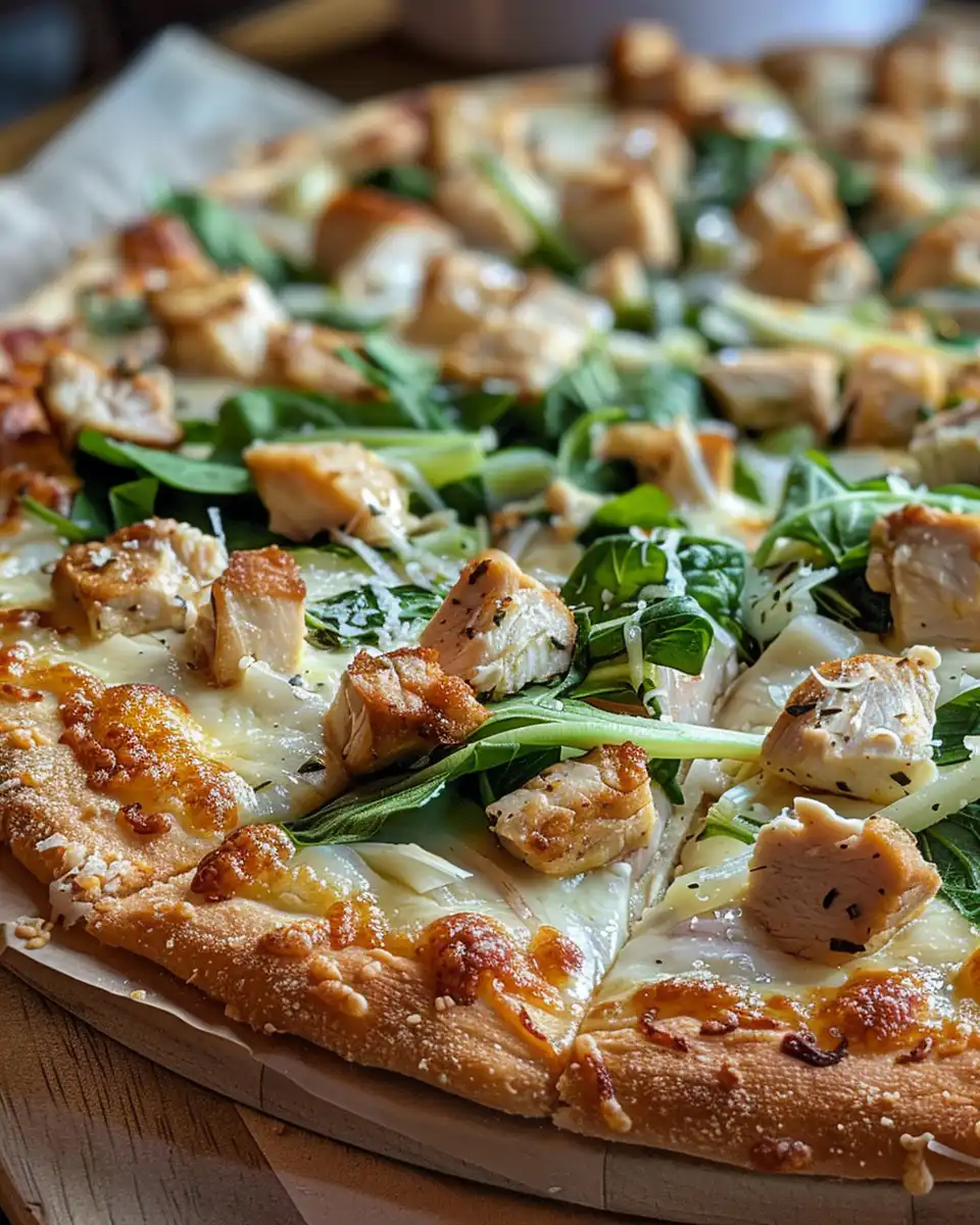 Close-up of chicken Caesar salad pizza with melty cheese and fresh romaine