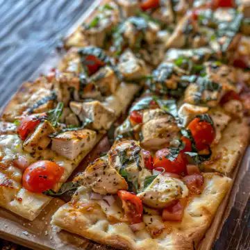Chicken Caprese Flatbread taken with iphone 15 pro max --iw 2 --ar 4:5 --v 6.0 --raw