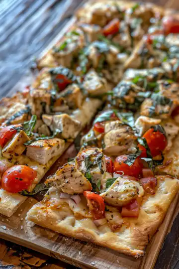 Chicken Caprese Flatbread taken with iphone 15 pro max --iw 2 --ar 4:5 --v 6.0 --raw