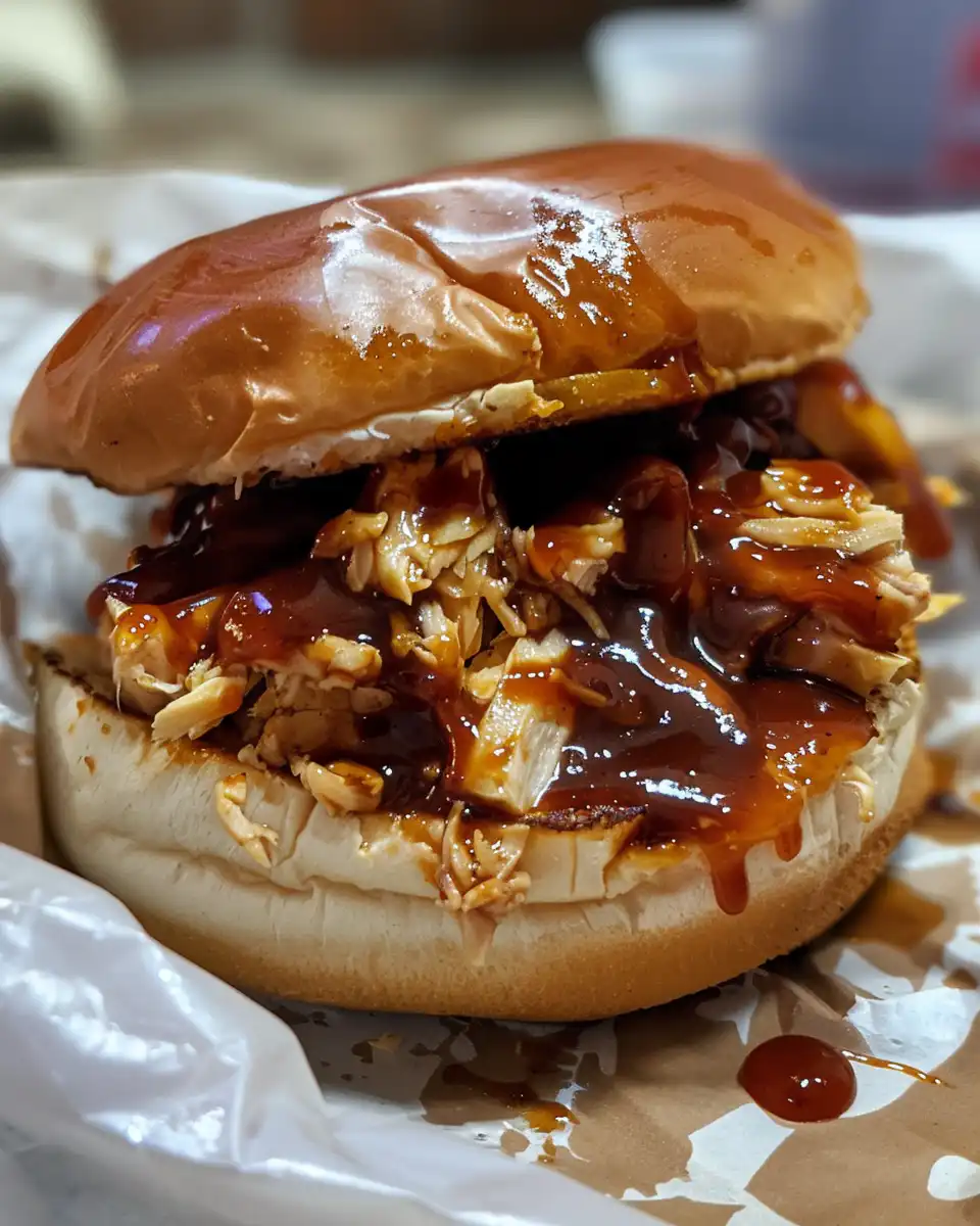 Juicy chopped chicken with Alabama white sauce in sandwich buns