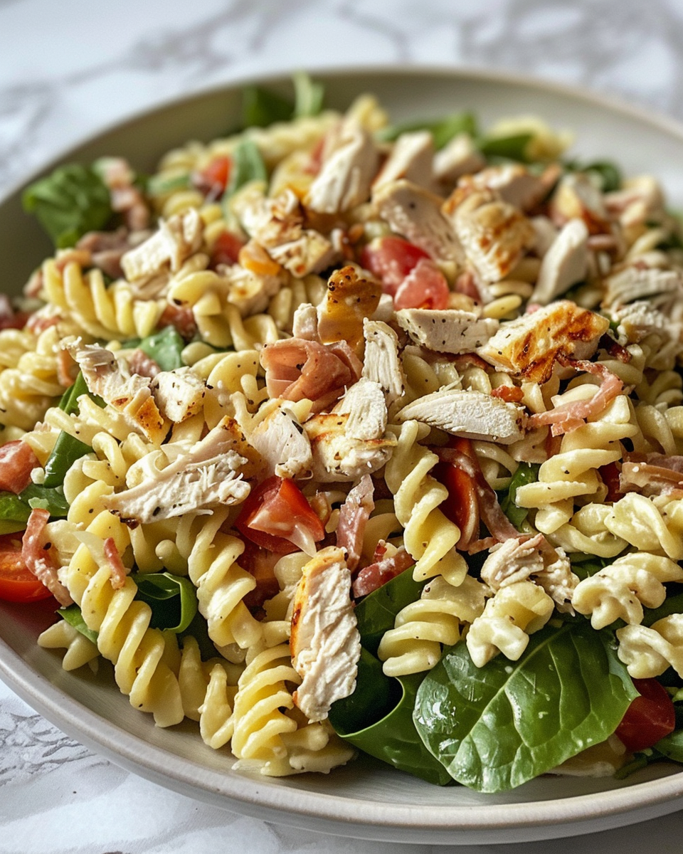 Ingredients for Chicken Club Pasta Salad including pasta, chicken, bacon, and veggies arranged in bowl