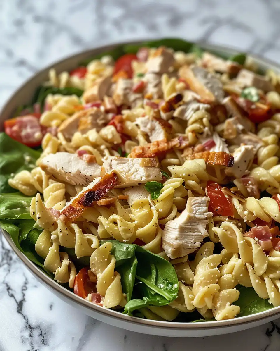 Served Chicken Club Pasta Salad showing creamy texture and fresh garnish