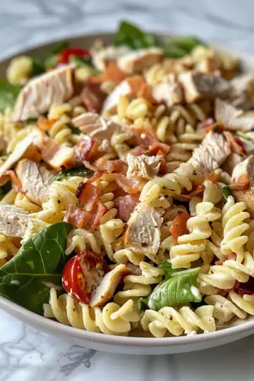 Chicken Club Pasta Salad taken with iphone 15 pro max --iw 2 --ar 4:5 --v 6.0 --raw