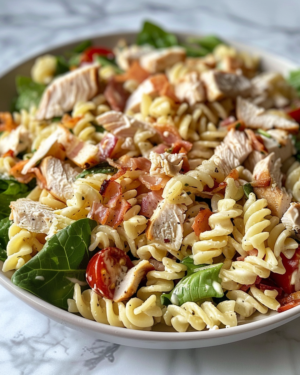 Creamy Chicken Club Pasta Salad fresh out of pressure cooker with Italian dressing and bacon