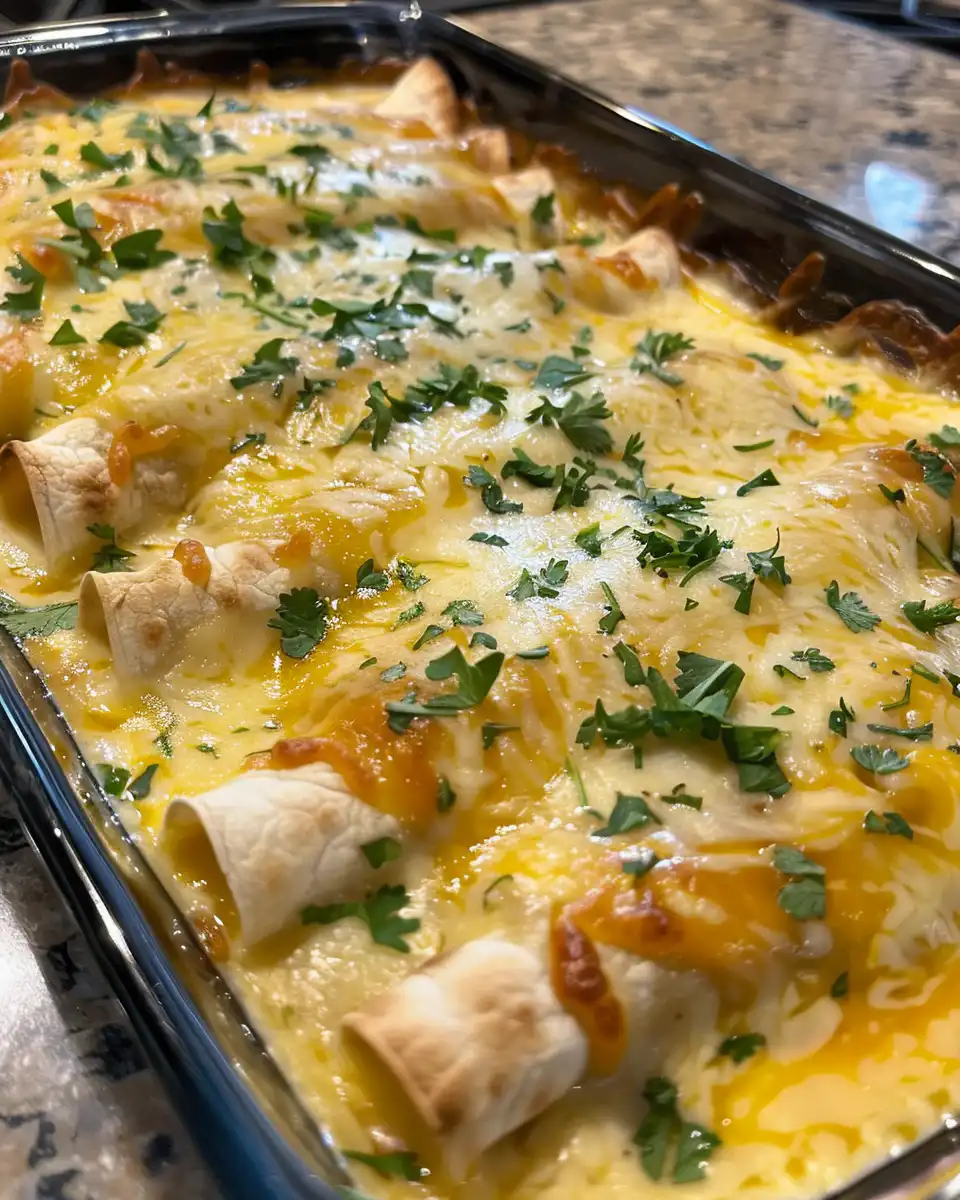 Ingredients combined for sour cream chicken enchiladas including shredded chicken cheese and sauce