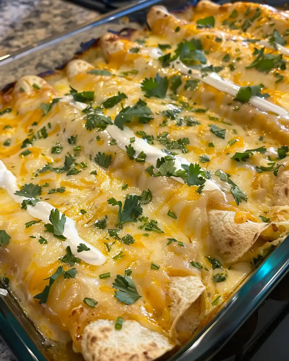 Finished sour cream chicken enchiladas fresh from the oven with melted cheese
