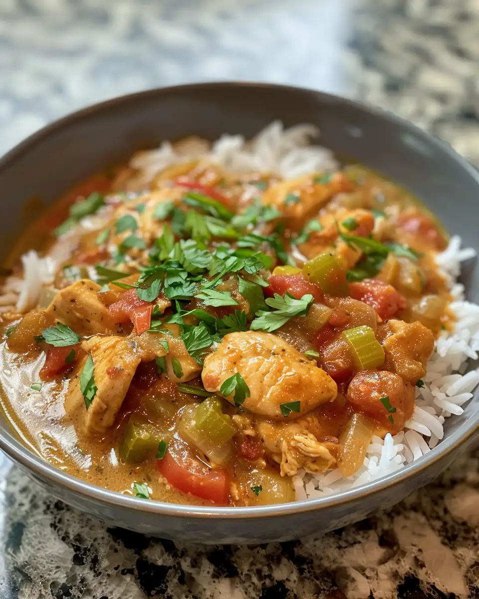 Cooked chicken etouffee in thick sauce served in skillet
