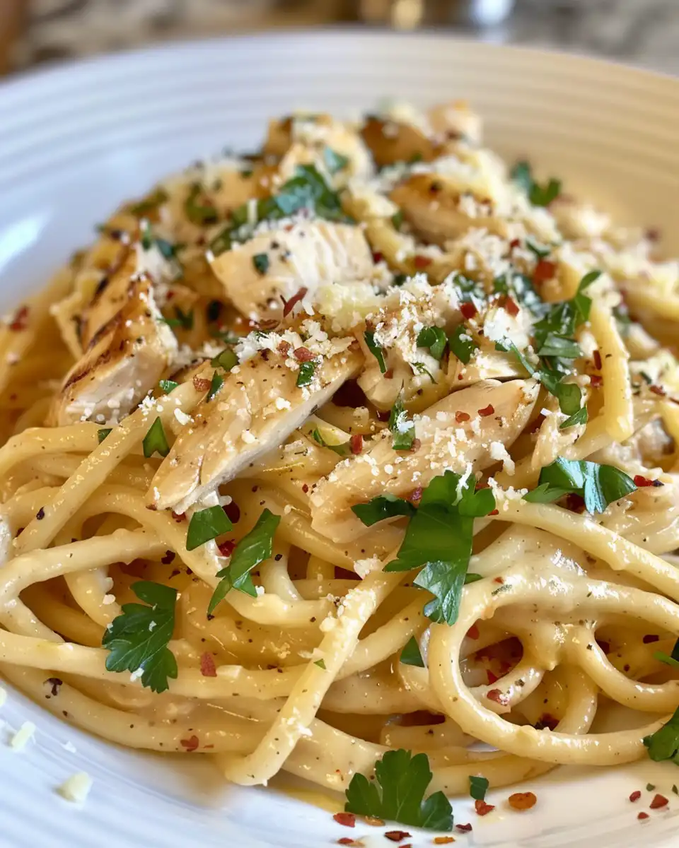 Finished chicken garlic parmesan pasta served with fresh parsley garnish