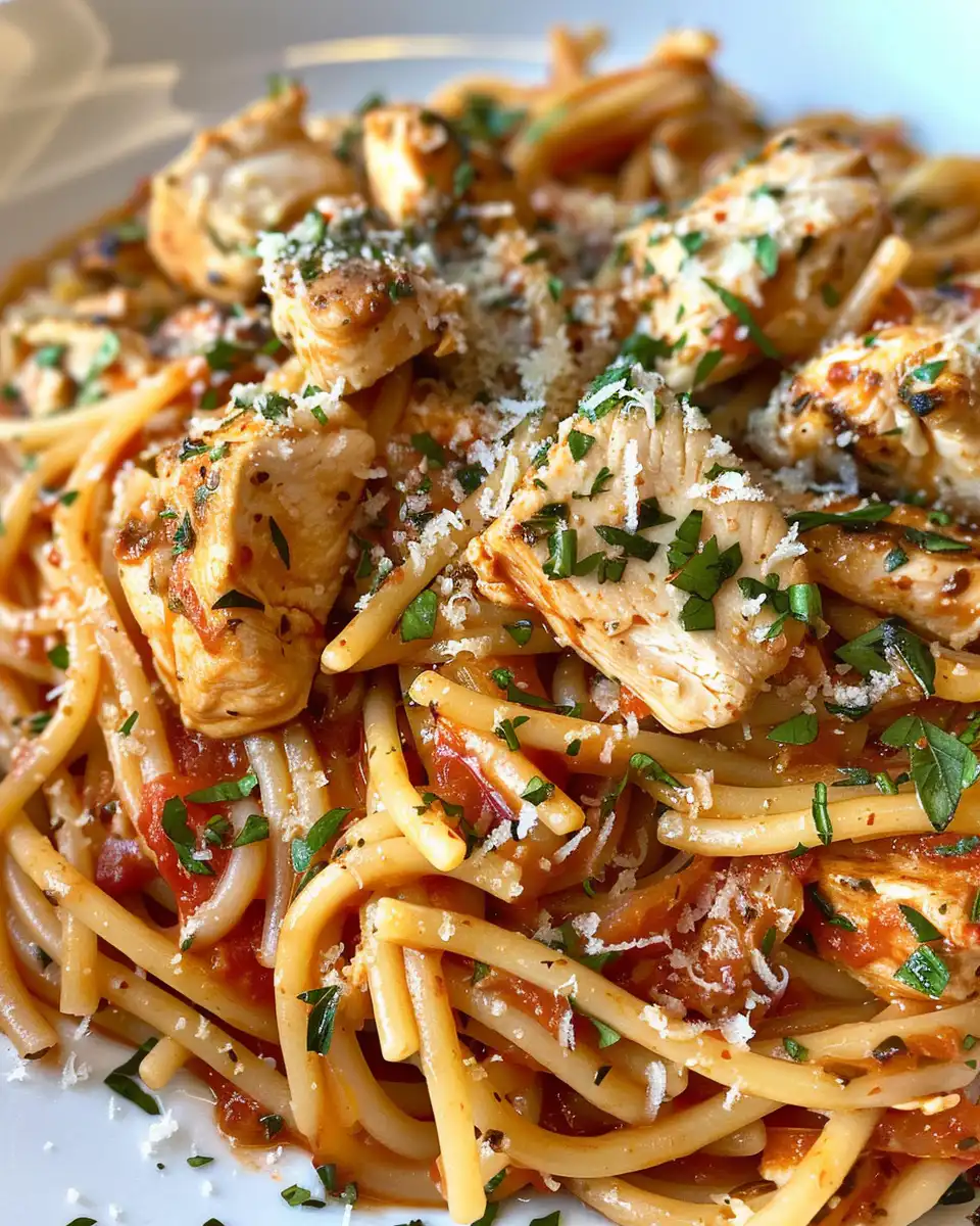 Aromatic garlic and parmesan chicken pasta simmering in a pot