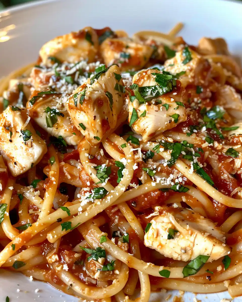 Served garlic parmesan chicken pasta on plate garnished with parsley