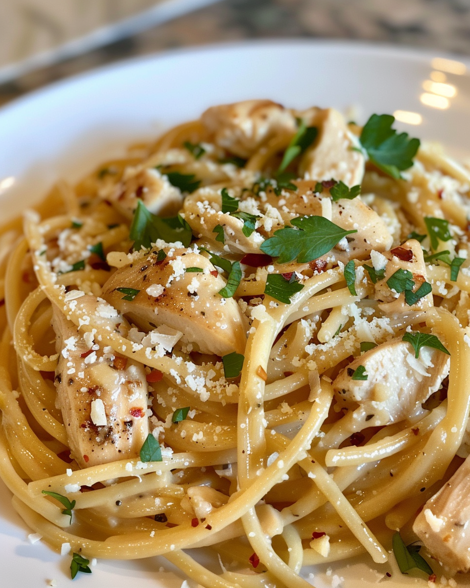 Creamy chicken garlic parmesan pasta in pressure cooker steaming hot